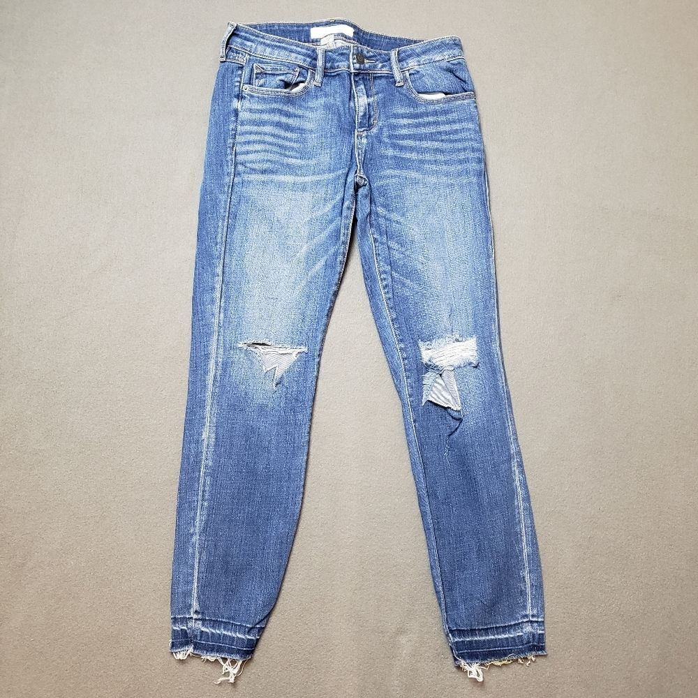 Hidden Jeans | Distressed Blue Jeans size 27 cropped, frayed hem.